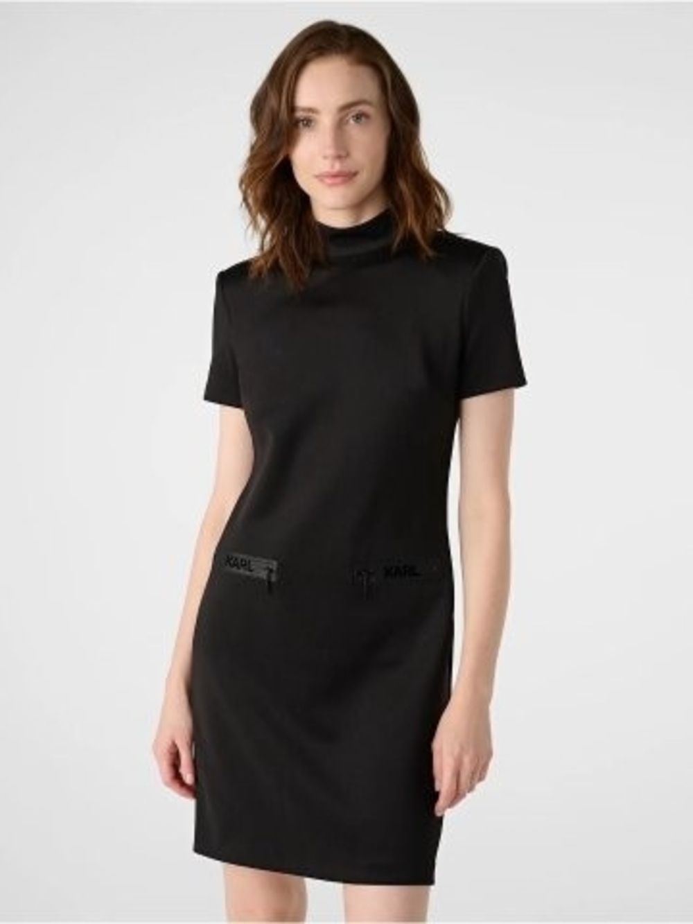 Karl Lagerfeld Black Short-Sleeve Mock-Neck Mini Dress with Logo Pockets